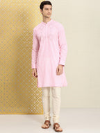 House of Pataudi Men Pink & White Bandhani Printed Pure Cotton Jashn Kurta | Grocsy