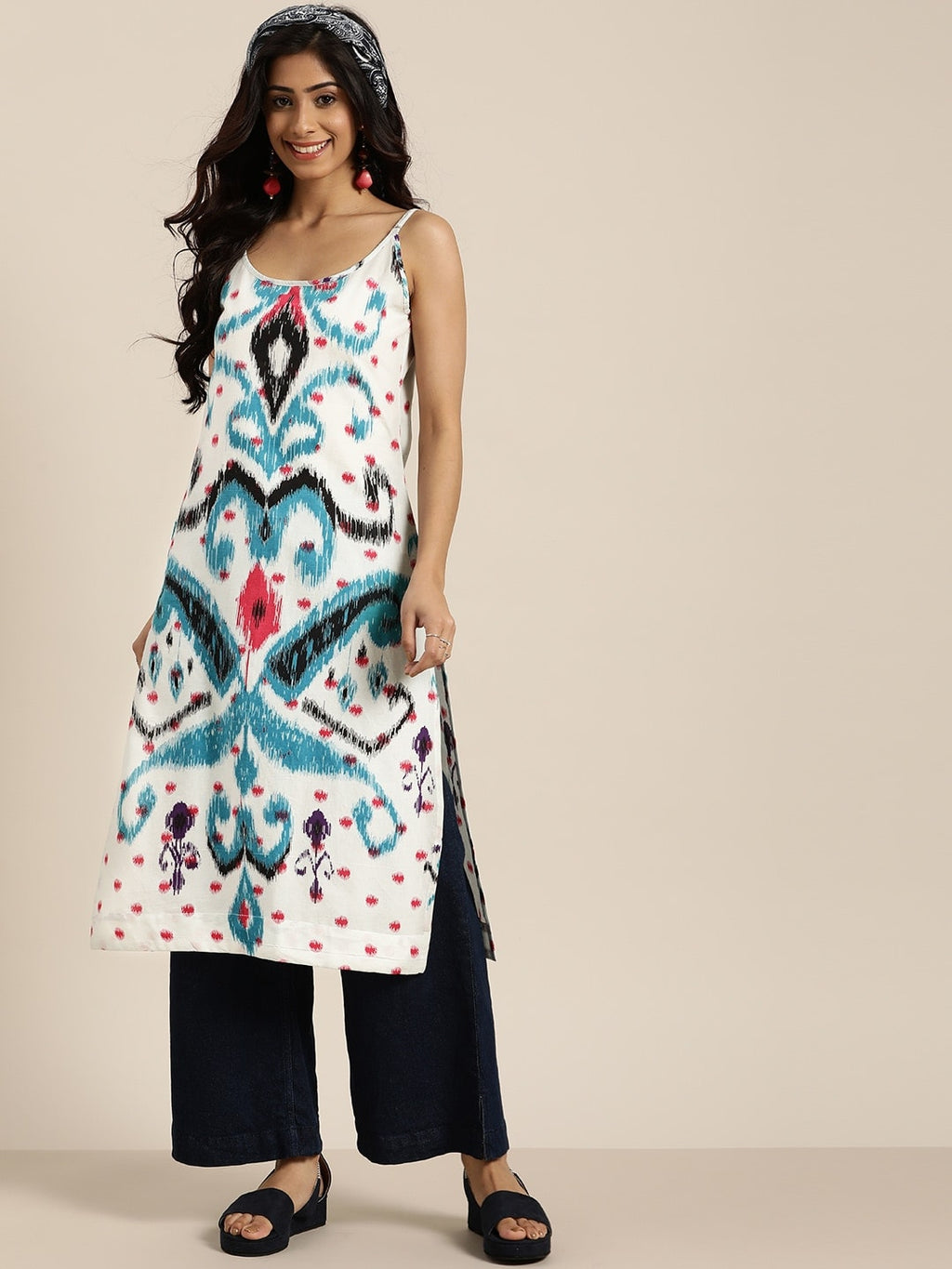 Sangria Women White & Blue Pure Cotton Ethnic Motifs Printed Straight Kurta | Grocsy