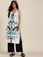 Sangria Women White & Blue Pure Cotton Ethnic Motifs Printed Straight Kurta | Grocsy