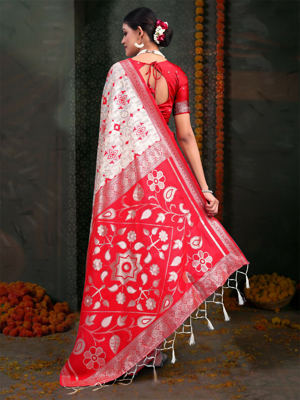 Shree Shyam Fashion Devistuti Red White Linen Cotton Saree | Grocsy