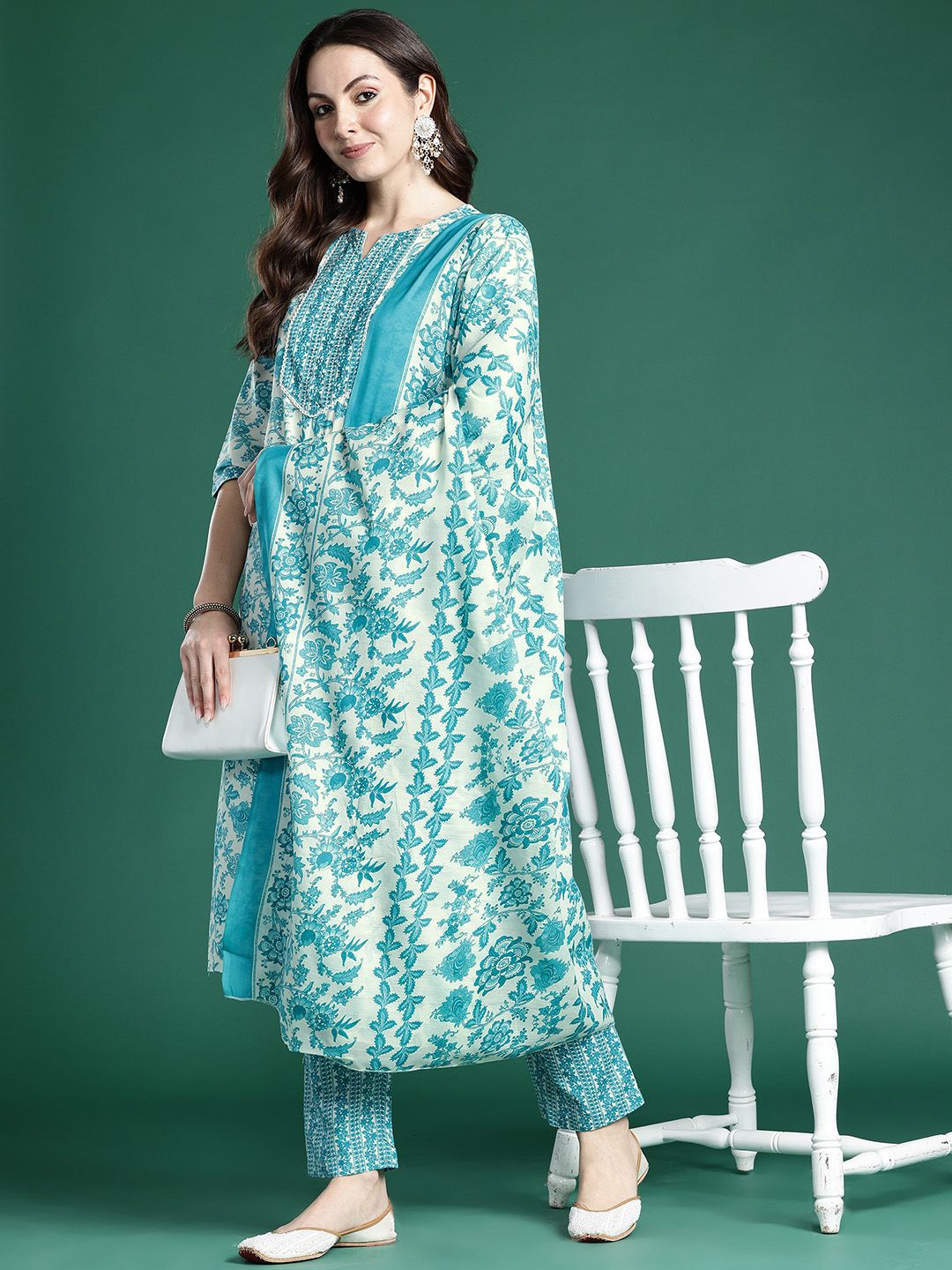 Indo Era Floral Printed Kurta with Trousers & Dupatta | Grocsy