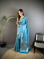 Joban Fashion Ocean Blue Floral Motifs & Ethnic Design Soft Satin Silk Kanchipuram Saree | Grocsy