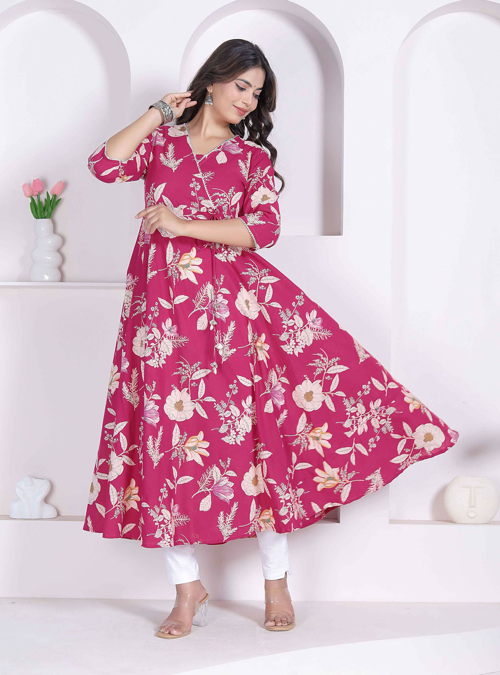 Miravan Womens Pink Floral Printed Angrakha Kurta | Grocsy