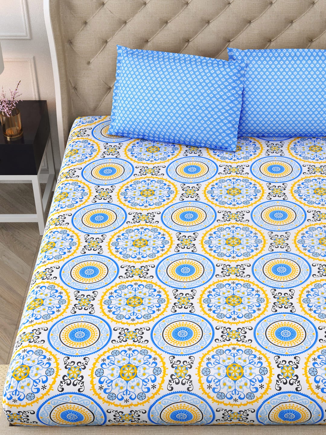 DREAM WEAVERZ Blue & Yellow Cotton Ethnic Motifs 300 TC Double Bedsheet with 2 Pillow Covers | Grocsy