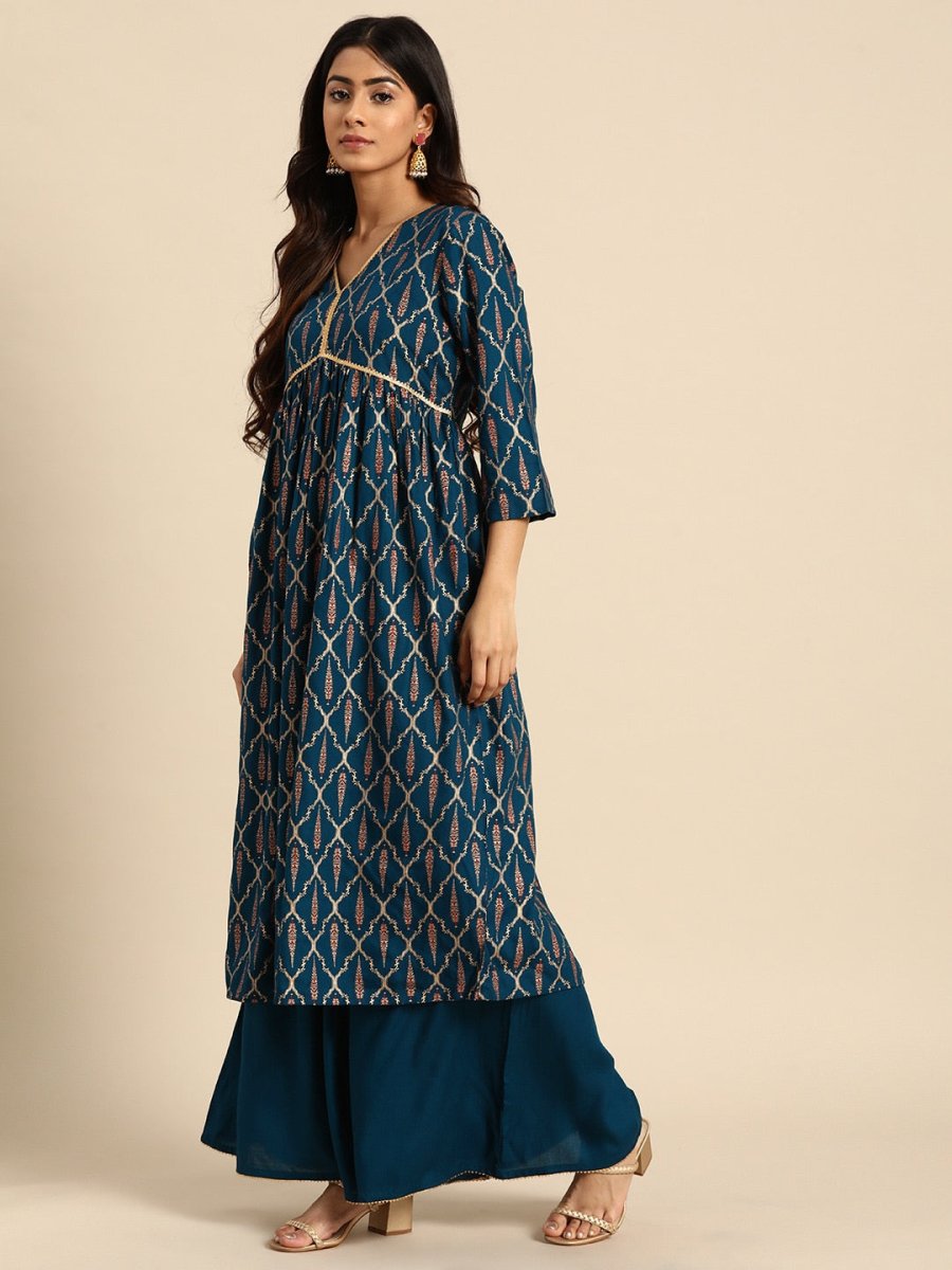 All About You Ethnic Motifs Foil Print Gotta Patti Detail Kurta with Palazzos | Grocsy