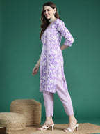 Sangria Floral Printed Angrakha Thread Work Pure Cotton Kurta with Trousers & With Dupatta | Grocsy