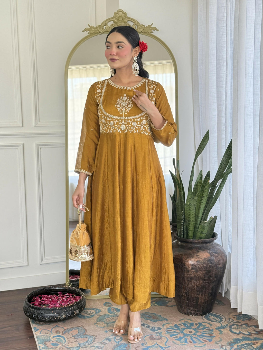 The52 Women's Beautiful Vichitra Silk Fabric Embroidery Work Flared Anarkali Pant and Dupatta Set | Grocsy