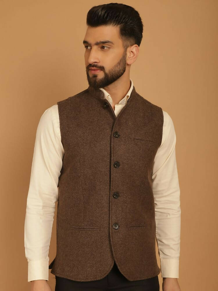 Even Apparels Pure Wool Nehru Jacket - Brown | Grocsy