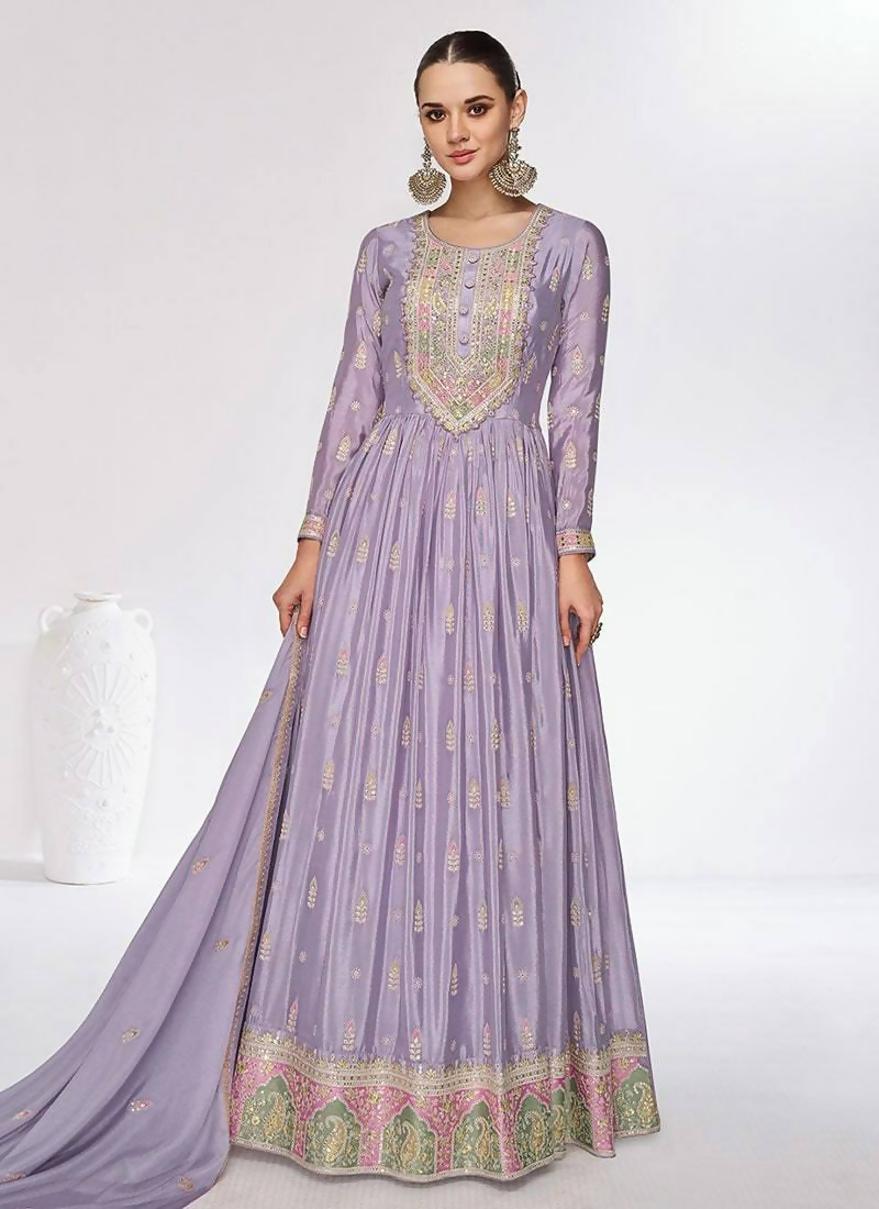 Lorenvalley Fashion Lavender Chinon Embroidery With Sequince Work Gown Stitched | Grocsy