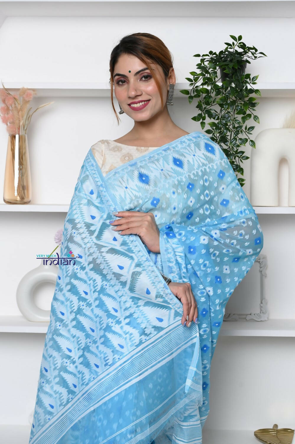 Very Much Indian Jamdhani Cotton Saree - Powder Blue | Grocsy