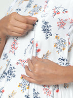 Manet Three Fourth Maternity Dress Floral Print With Concealed Zipper Nursing Access - White | Grocsy