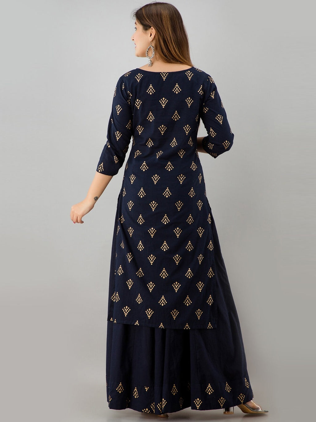 HERE&NOW Navy Blue & Gold-Toned Ethnic Motifs Printed Kurta with Skirt | Grocsy