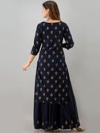 HERE&NOW Navy Blue & Gold-Toned Ethnic Motifs Printed Kurta with Skirt | Grocsy