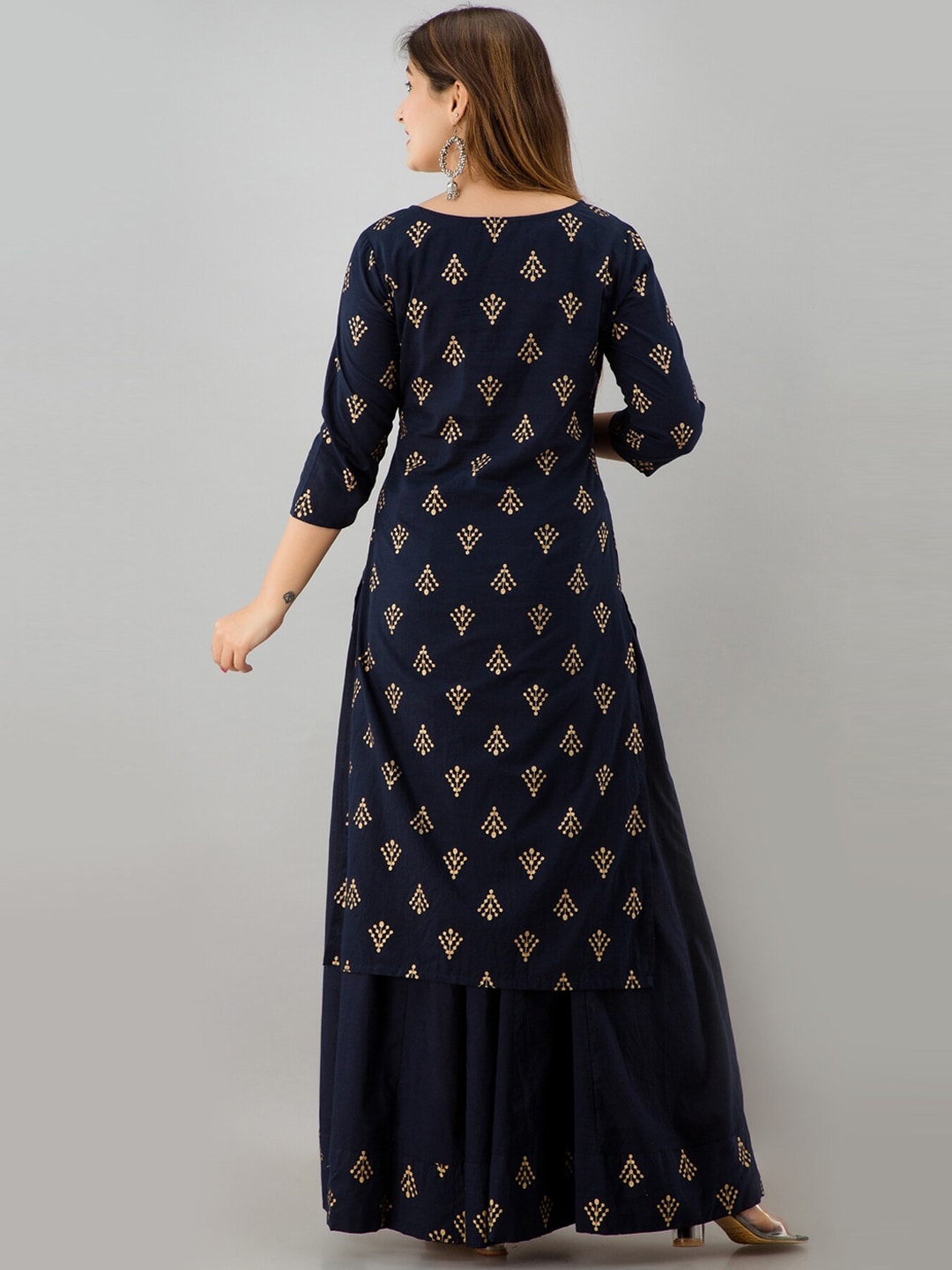 HERE&NOW Navy Blue & Gold-Toned Ethnic Motifs Printed Kurta with Skirt | Grocsy