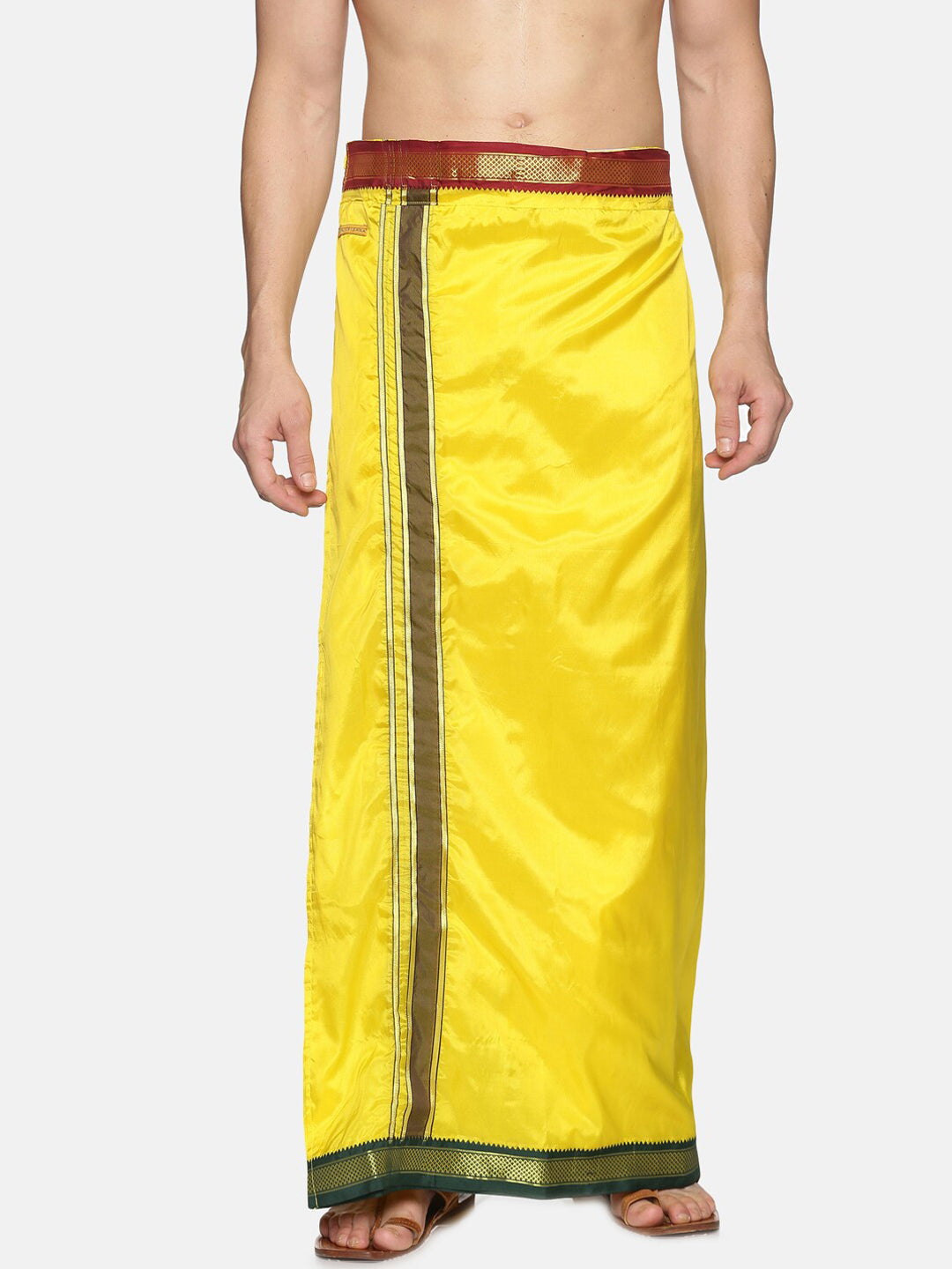 Sethukrishna Men Yellow & Green Solid Readymade Veshti Dhoti | Grocsy