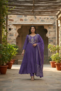 The52 Women's Beautiful Cotton Fabric Embroidery Work Flared Anarkali Pant and Dupatta Set | Grocsy