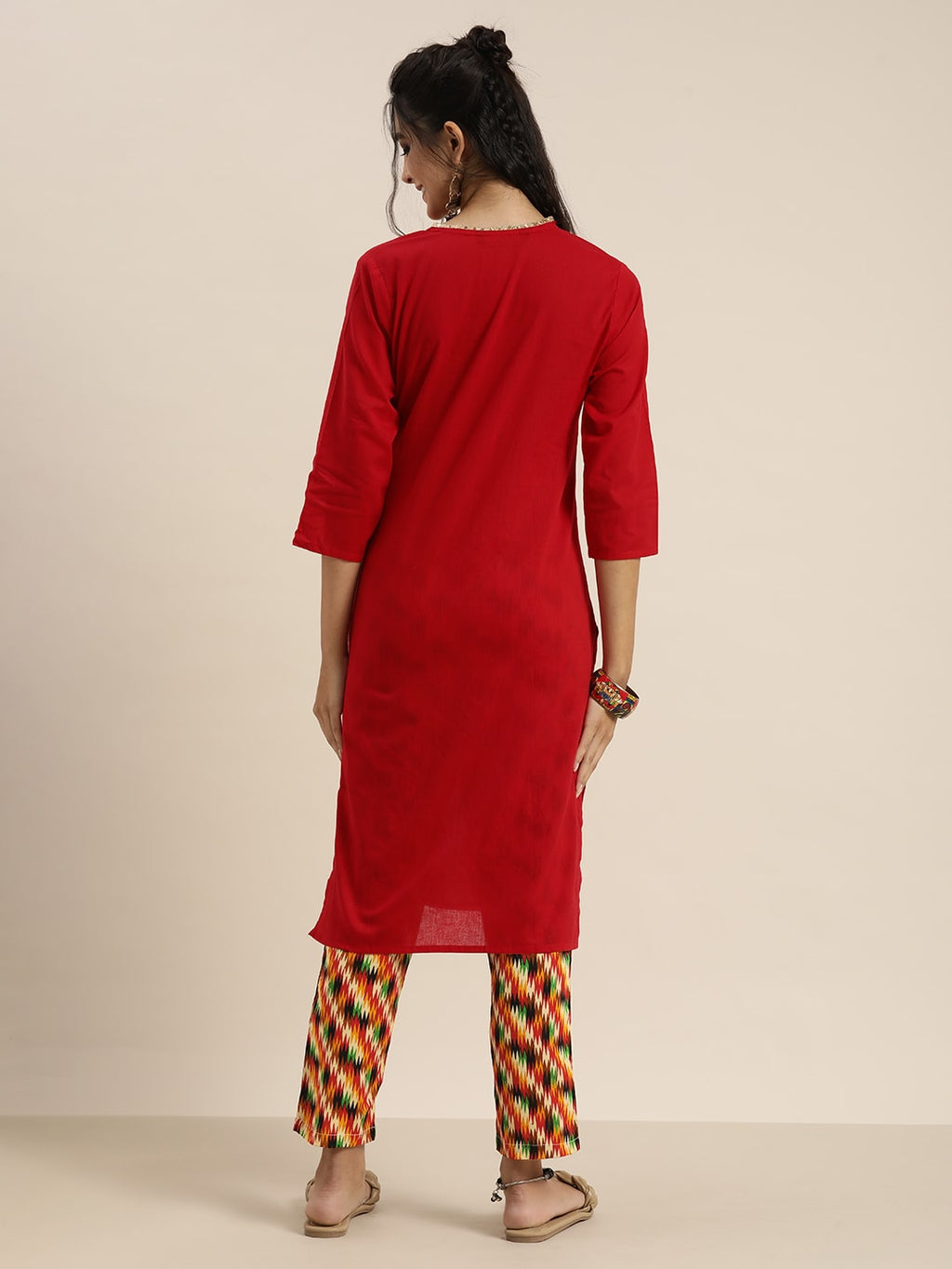 Sangria Women Red Solid Pure Cotton Gotta Patti Kurta with Abstract Print Trousers | Grocsy