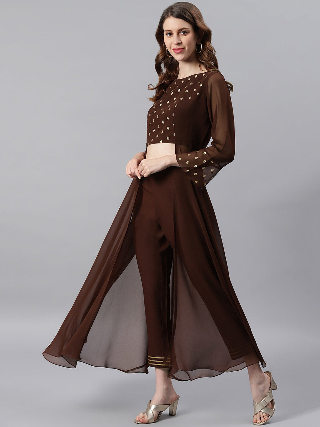 Janasya Women Brown High Slit Floor Length Anarkali Kurta & Trousers | Grocsy