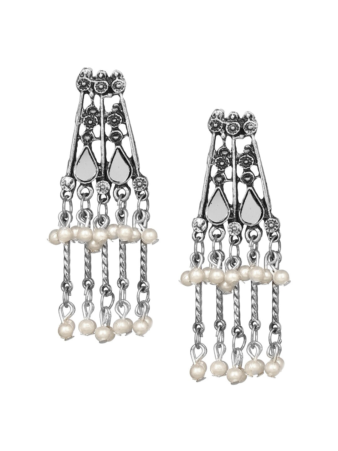 Cardinal Silver-Toned Mirror Studded & Beaded Oxidised Choker Jewellery Set | Grocsy