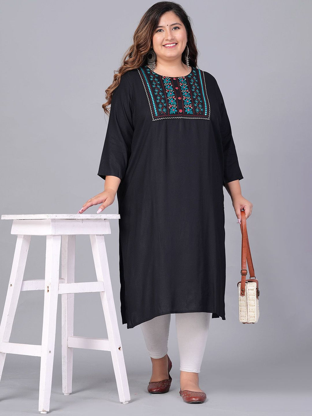 Sztori Plus Size Floral Embroidered Yoke Mirror Work Straight Kurta | Grocsy