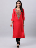 Souchii Red Yoke Design Thread Work Grandeur & Majestic Artwork Kurta | Grocsy