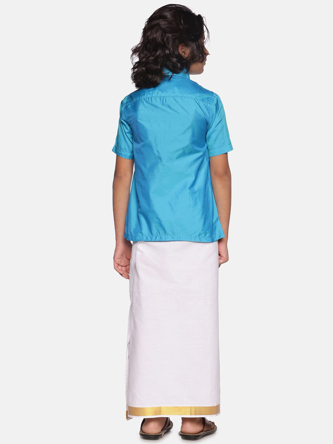 Sethukrishna Boys Turquoise Blue & White Solid Cotton Shirt & Dhoti Set | Grocsy