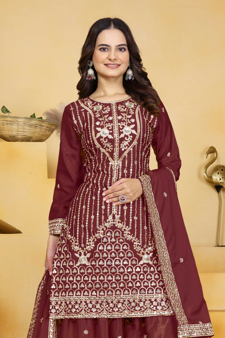 Teeya Creation Maroon Color Natural Crepe Silk Wedding Wear Trending Palazzo Set | Grocsy