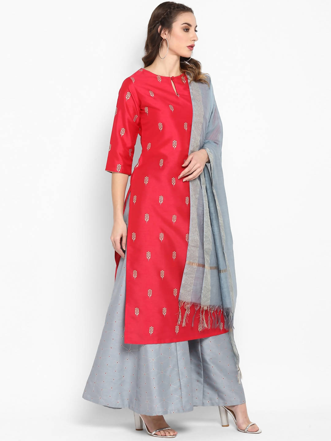 Janasya Women Red Poly Silk Kurta With Palazzo and Dupatta | Grocsy