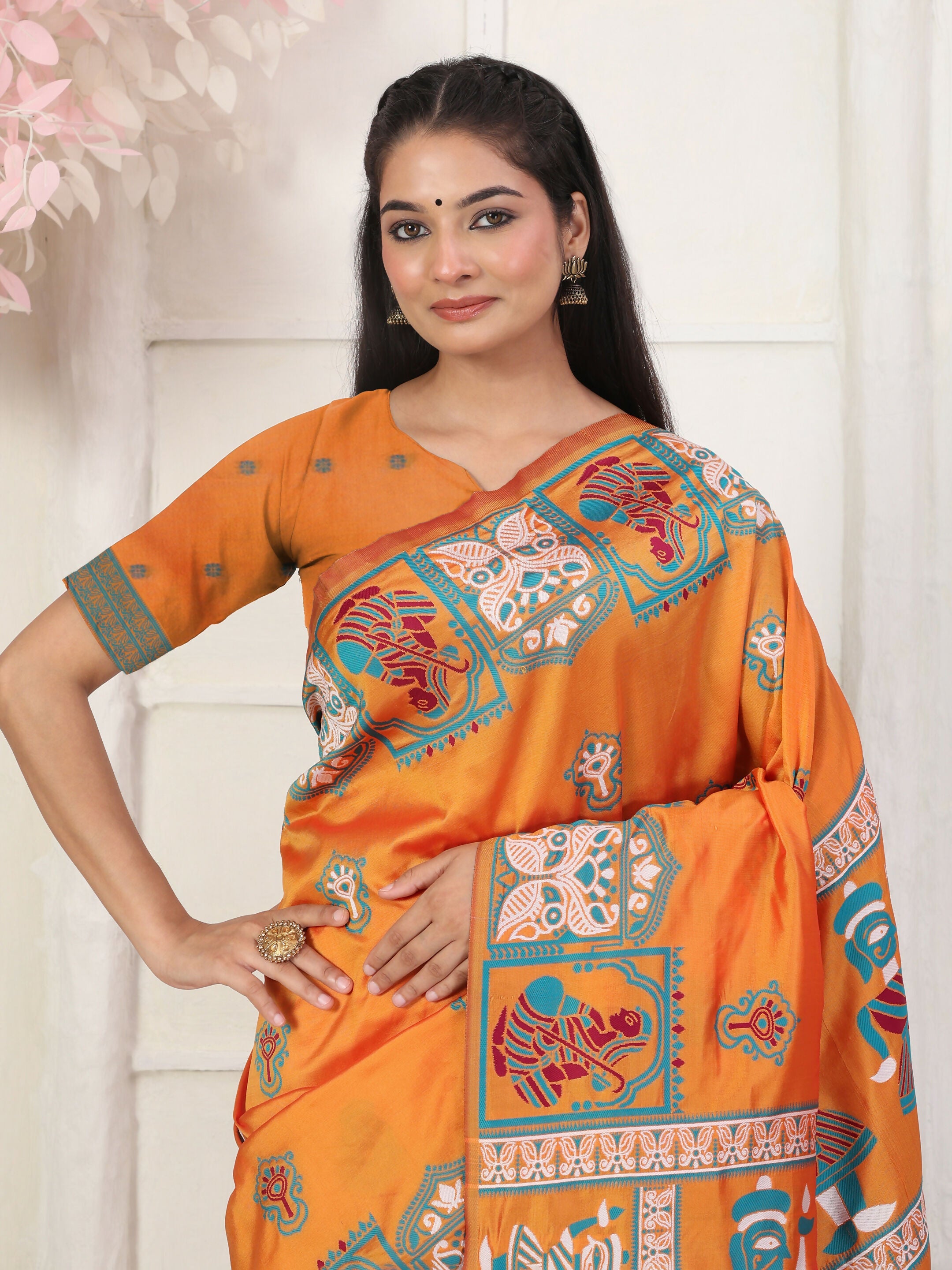 Shree Shyam Fashion Silk Blend Orange Saree | Grocsy