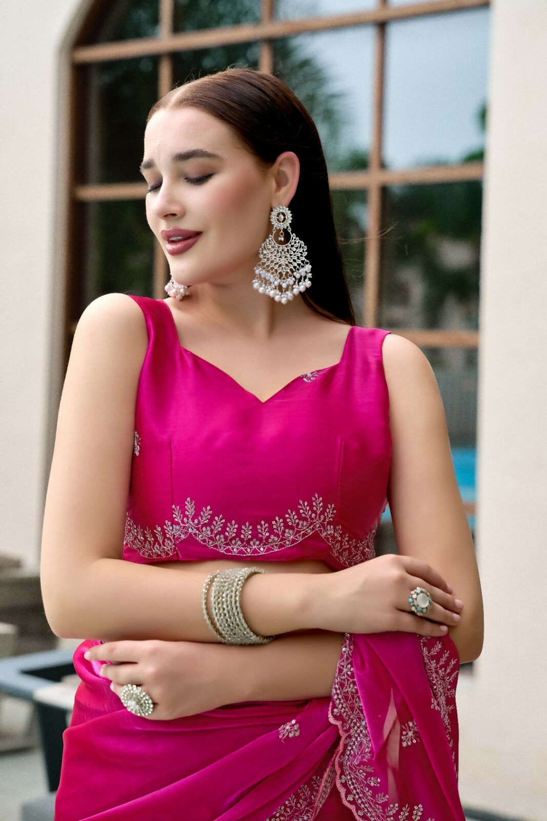 Vastranavya Pink Embroidery Work Shimmer Chiffon Saree with Unstitched Blouse | Grocsy