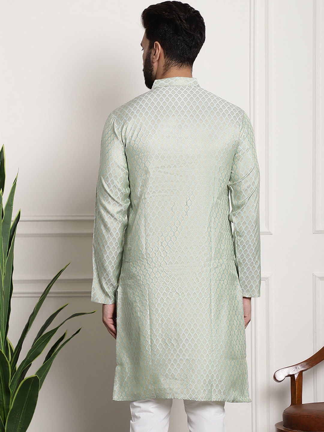 Sojanya Men Green & Beige Ethnic Motifs Jacquard Woven Design Straight Kurta | Grocsy