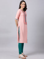 Souchii Women Peach-Coloured & Blue Ethnic Motifs Yoke Design Thread Work Pastels Kurta | Grocsy