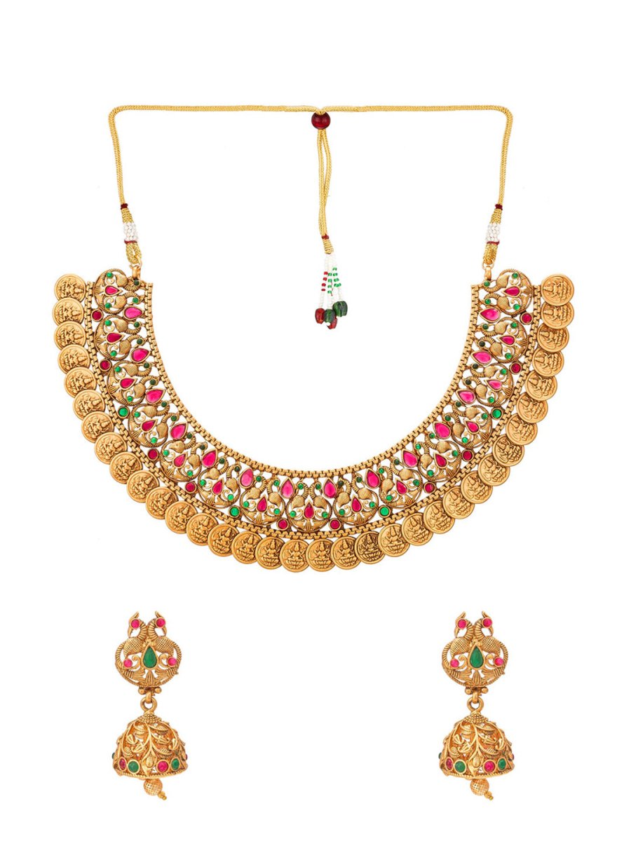 Aadita Gold-Polished Green & Pink Stone-Studded & Pearl Beaded Jewellery Set | Grocsy