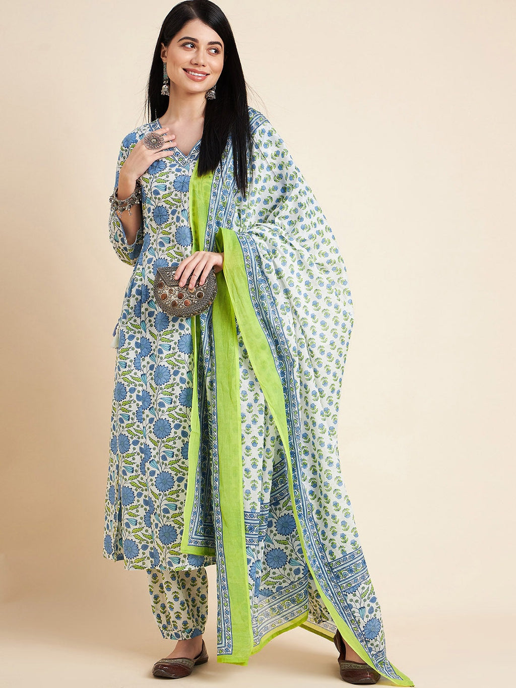 Sangria White Floral Printed V-Neck Pure Cotton Anarkali Kurta With Trouser & Dupatta | Grocsy