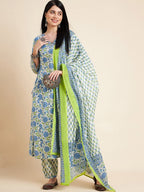 Sangria White Floral Printed V-Neck Pure Cotton Anarkali Kurta With Trouser & Dupatta | Grocsy