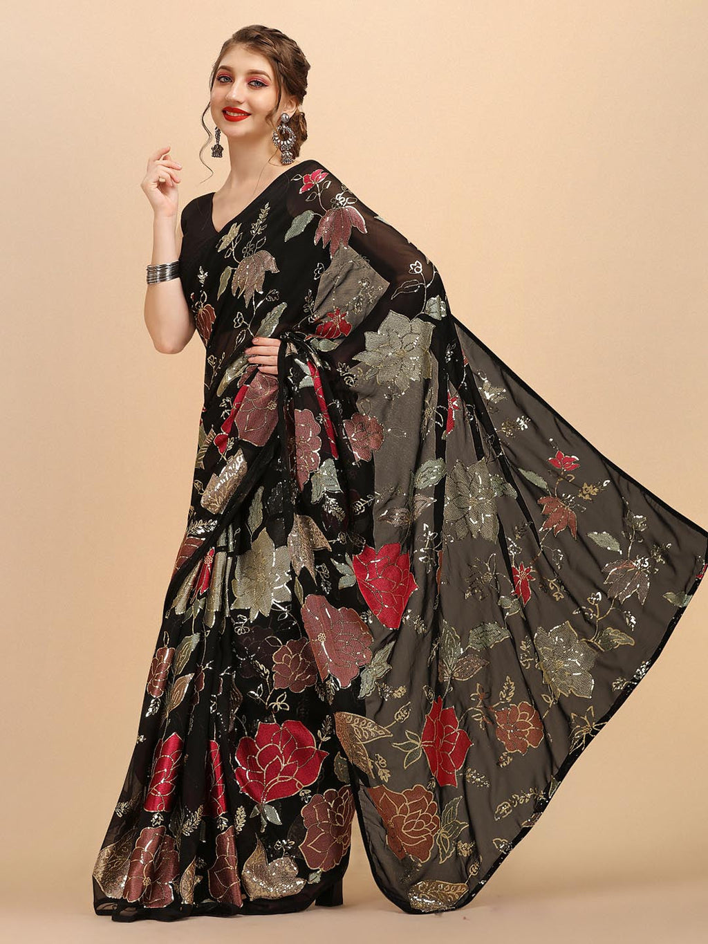 Sangria Black & Red Floral Sequinned Pure Georgette Saree | Grocsy