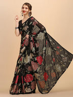 Sangria Black & Red Floral Sequinned Pure Georgette Saree | Grocsy