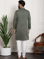 Sojanya Men Green & Off-White Woven Design Kurta with Churidar | Grocsy