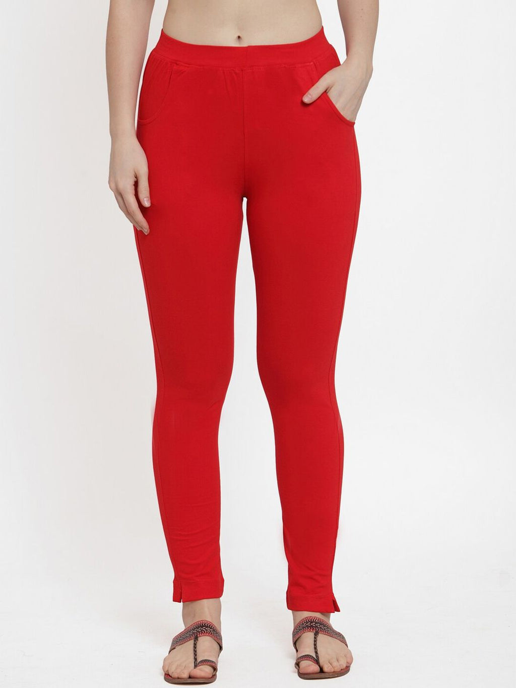 TAG 7 Women Pack Of 2 Red & Pink Solid Straight-Fit Ankle-Length Leggings | Grocsy