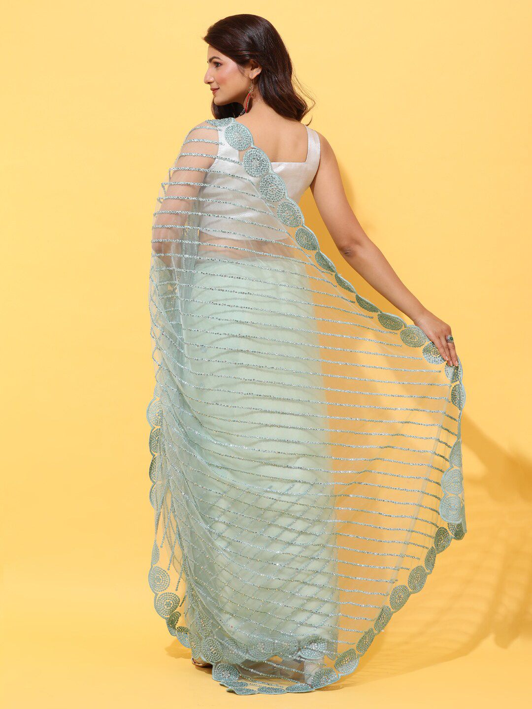 kasee Embroidered Striped Net Saree | Grocsy