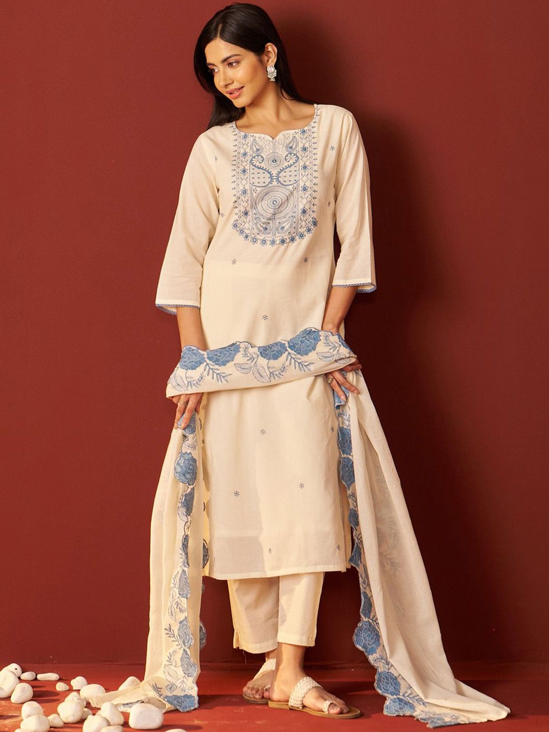 Indo Era Paisley Embroidered Thread Work Pure Cotton Kurta With Trousers And Dupatta | Grocsy