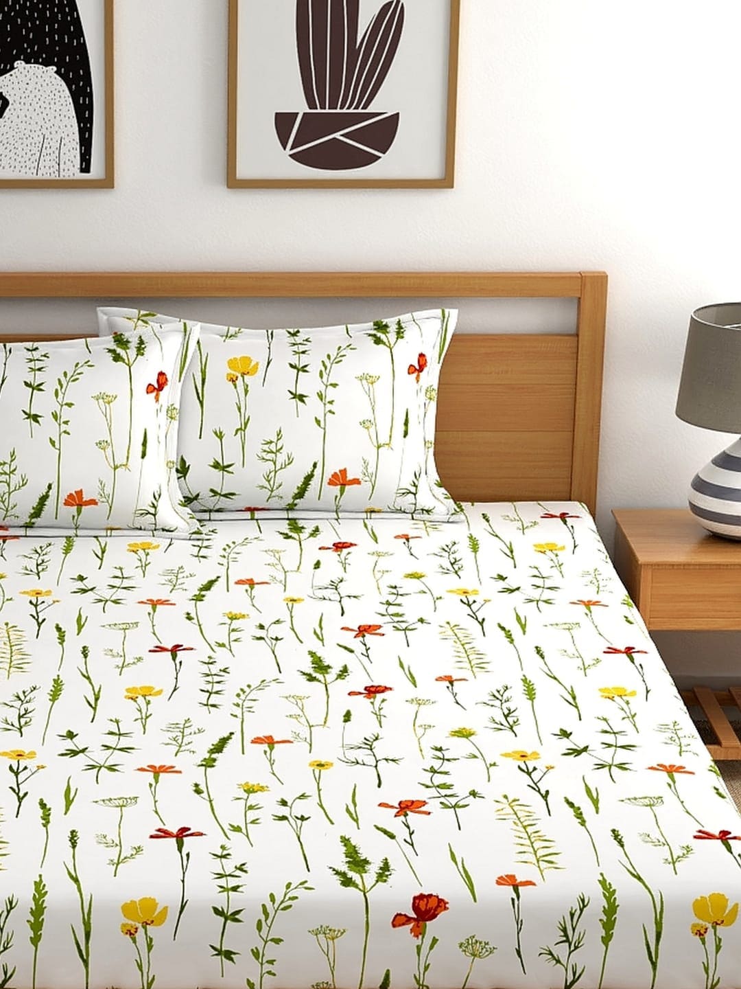 Home Ecstasy White & Green Printed 140 TC Cotton Double Queen Bedsheet With 2 Pillow Covers | Grocsy