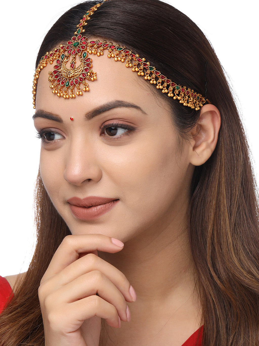 Yellow Chimes Gold-Toned Green Kundan Layered Temple Bridal Traditional Matha Patti | Grocsy