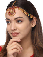 Yellow Chimes Gold-Toned Green Kundan Layered Temple Bridal Traditional Matha Patti | Grocsy