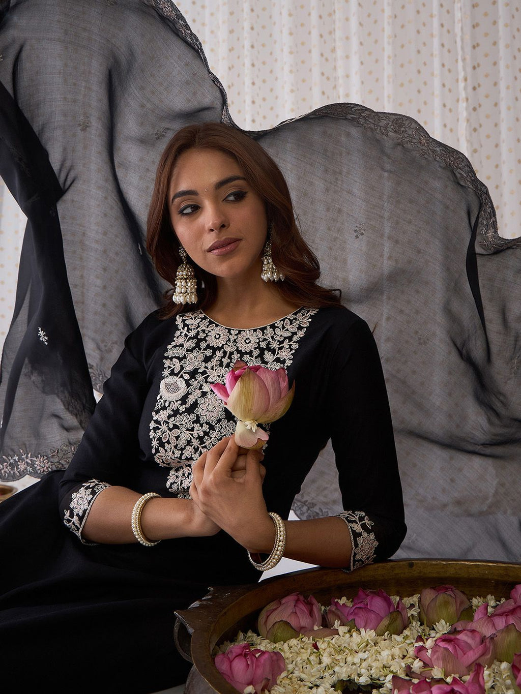 Indo Era Black Floral Embroidered Thread Work Kurta with Trousers & Dupatta | Grocsy