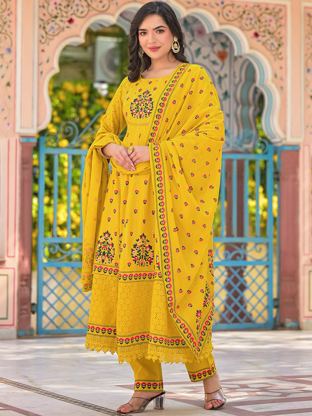Sangria Yellow Floral Printed & Mirror Work Cotton Anarkali Kurta With Trouser & Dupatta | Grocsy