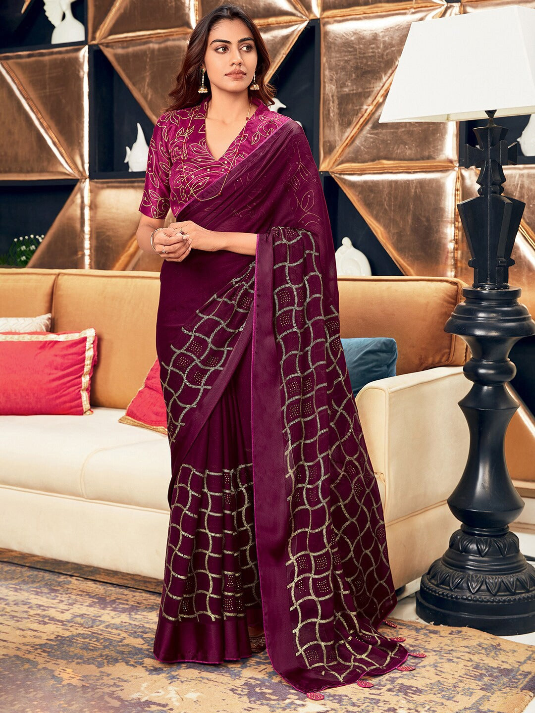 Saree Mall Magenta & Gold-Toned Ethnic Printed Silk Blend Sarees | Grocsy