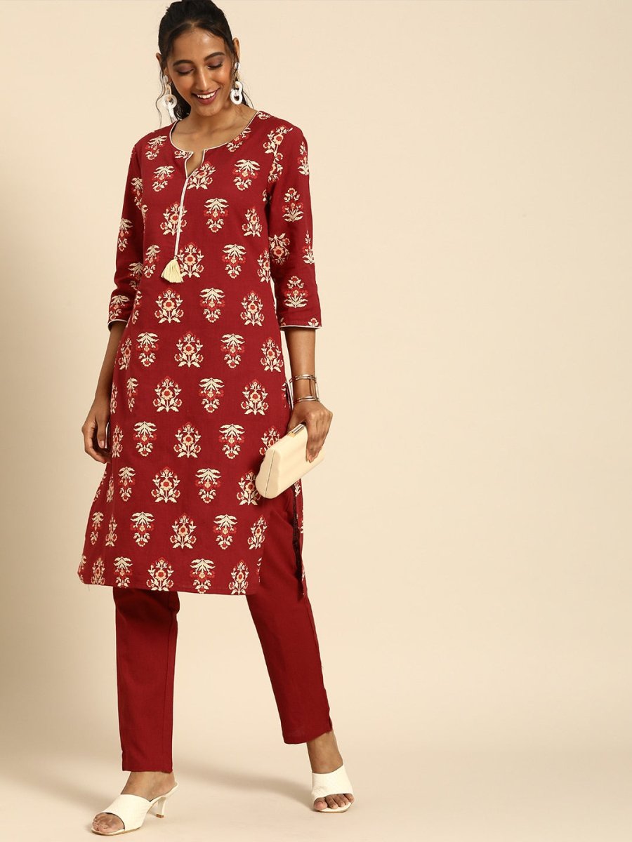 All About You Women Red Floral Printed Pure Cotton Regular Kurta with Trousers | Grocsy