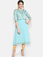 Janasya Women Turquoise Blue & Gold-Toned Printed A-Line Kurta | Grocsy