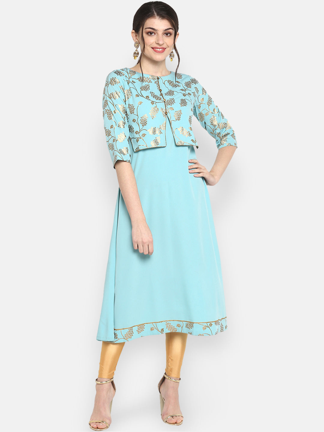 Janasya Women Turquoise Blue & Gold-Toned Printed A-Line Kurta | Grocsy